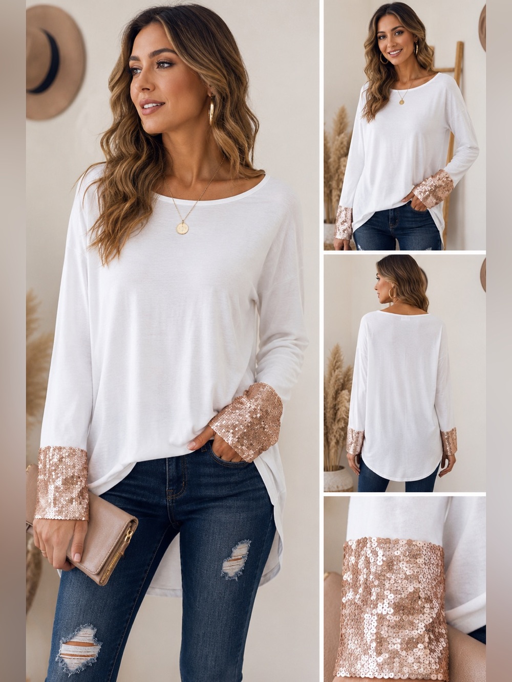 Anna-Kaci California White Sequin Sleeve Top Medium Boho Glam